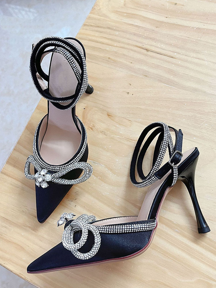 Rhinestone Bowknot Heel Pumps Black / 10
