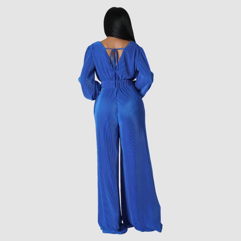 Pleated Long Sleeve Jumpsuits Blue / M
