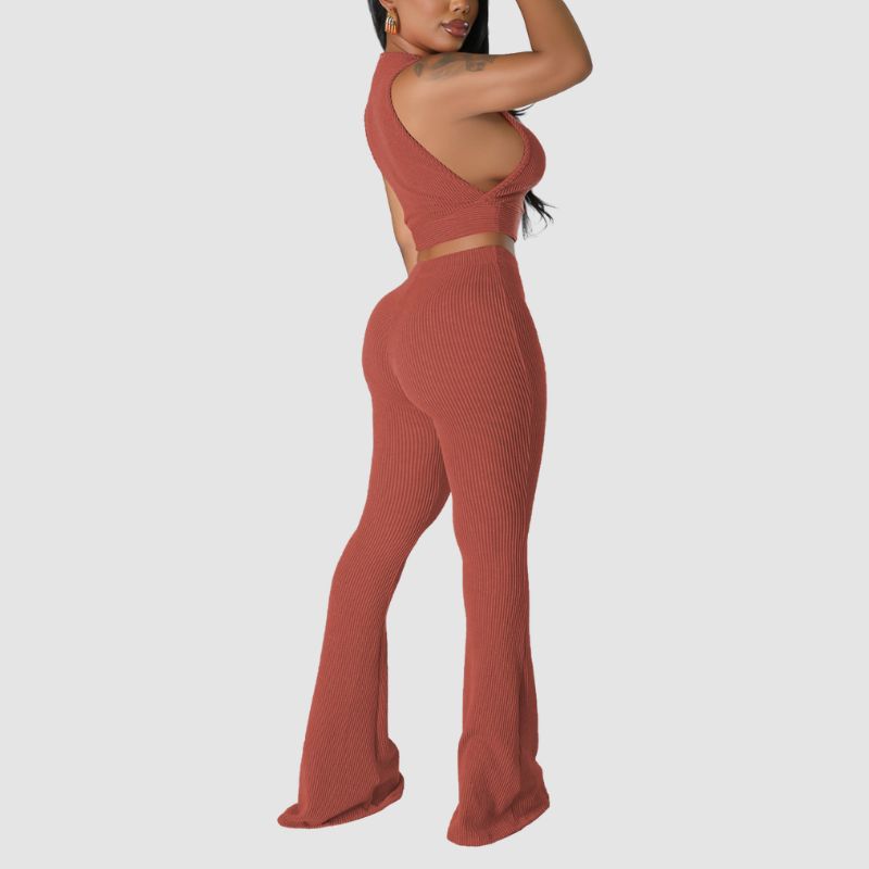 Solid Color Ribbed Knit Vest Set Black / M