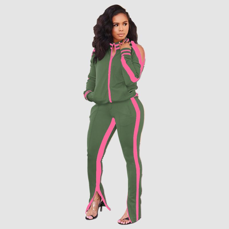 Off Shoulder Zip Top & Split Pant Set Rose / M
