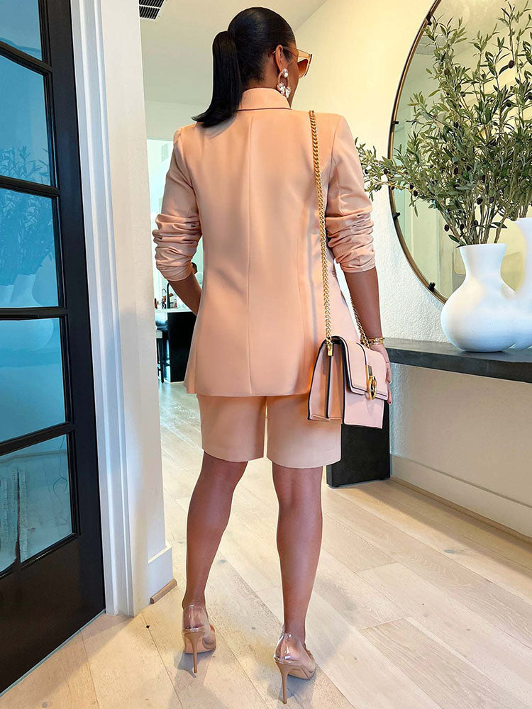 Lapel Collar Blazer Shorts Set Apricot / M