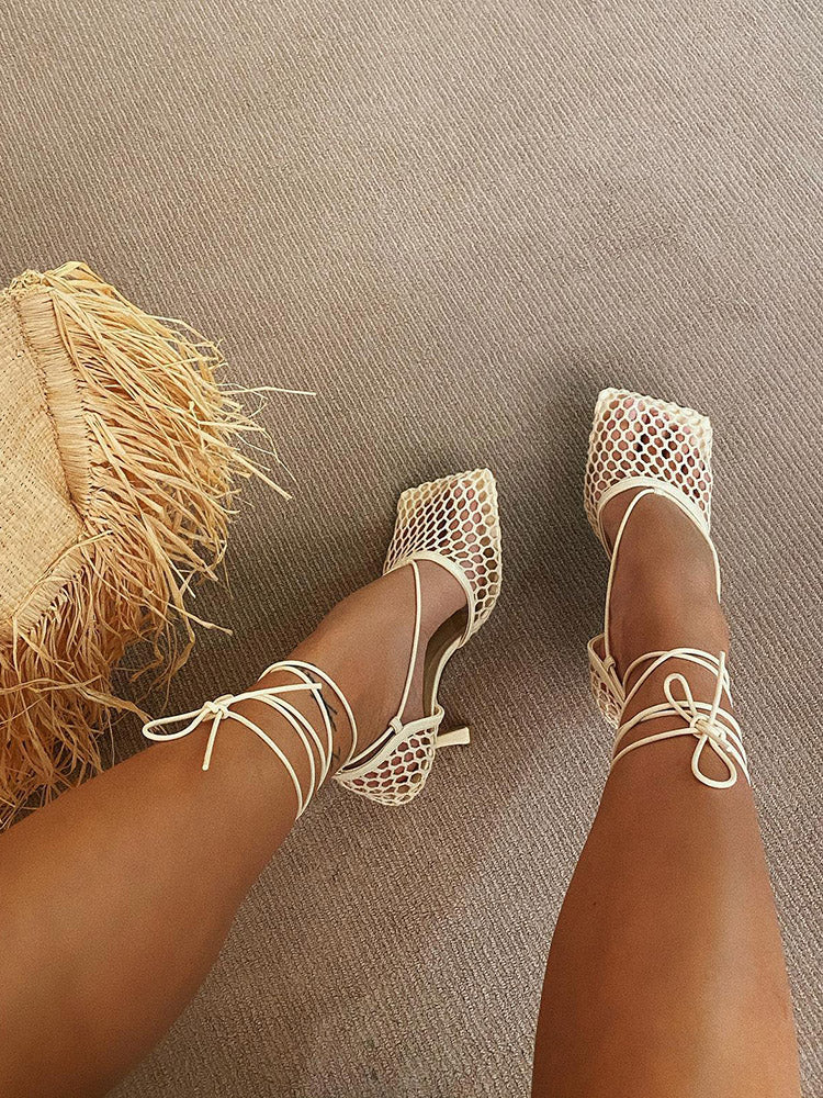 Square Toe Mesh Wrap Pumps White / 6