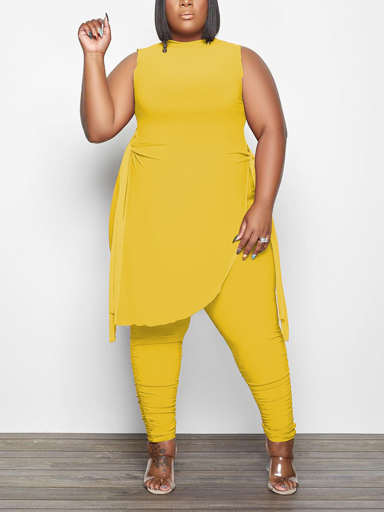 Asymmetrical Top Ruched Pants Set Bright Orange / XL