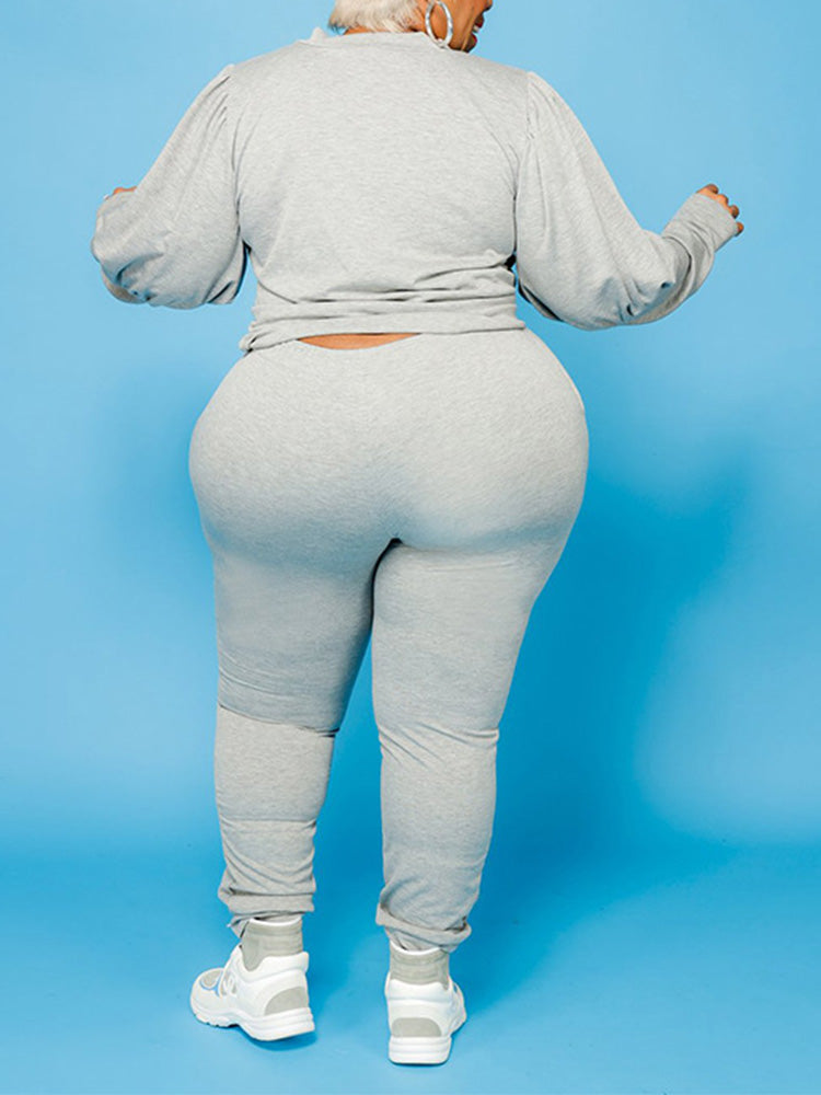 Solid Top Drawstring Pants Set Light Gray / 2XL