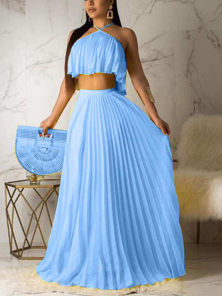Chiffon Pleated Skirt Set Yellow / S