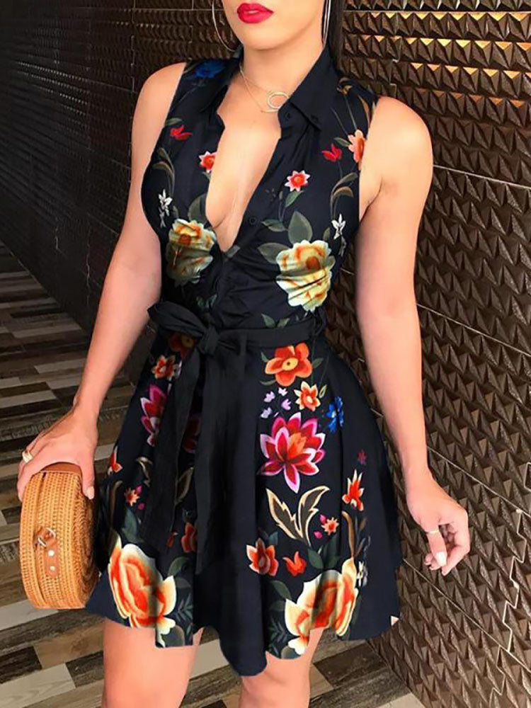 Printed V Neck Belt Dress Navy Peacock / 2XL