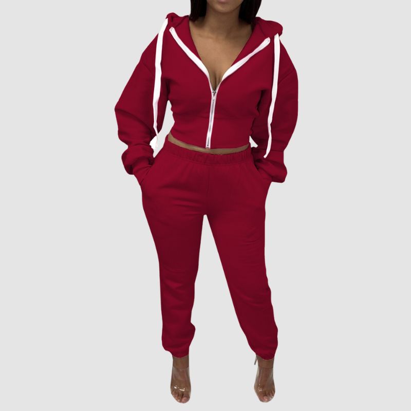 Solid Color Zip Hoodies Pant Set Black / L