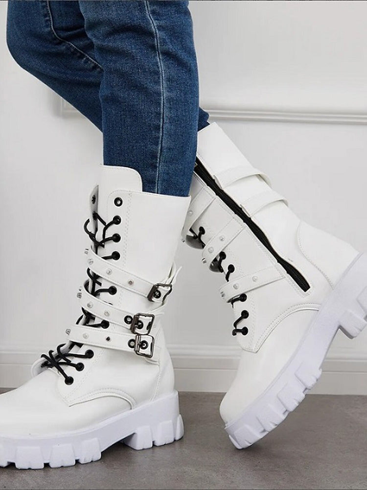 Eyelet Buckled Zipper Platform Boots White / 8.5