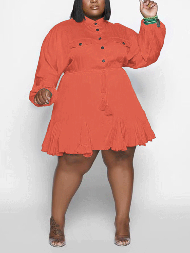 Turndown Collar Button Mini Dress Rose / 2XL