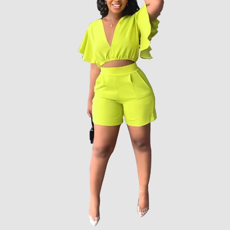 Ruffled V-neck Crop Top & Short Pants Set Red / L