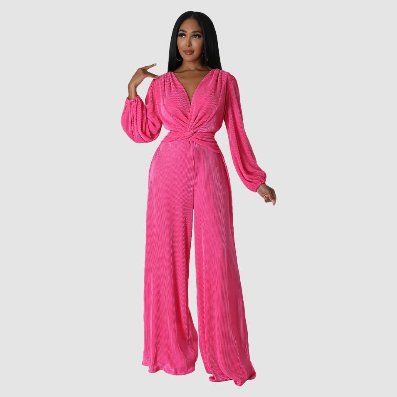 Pleated Long Sleeve Jumpsuits Blue / L