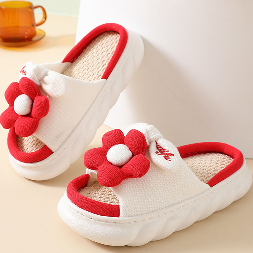 Cute Flower Decor Linen Slippers Red / EU:37-38:US Women's 6-7.5