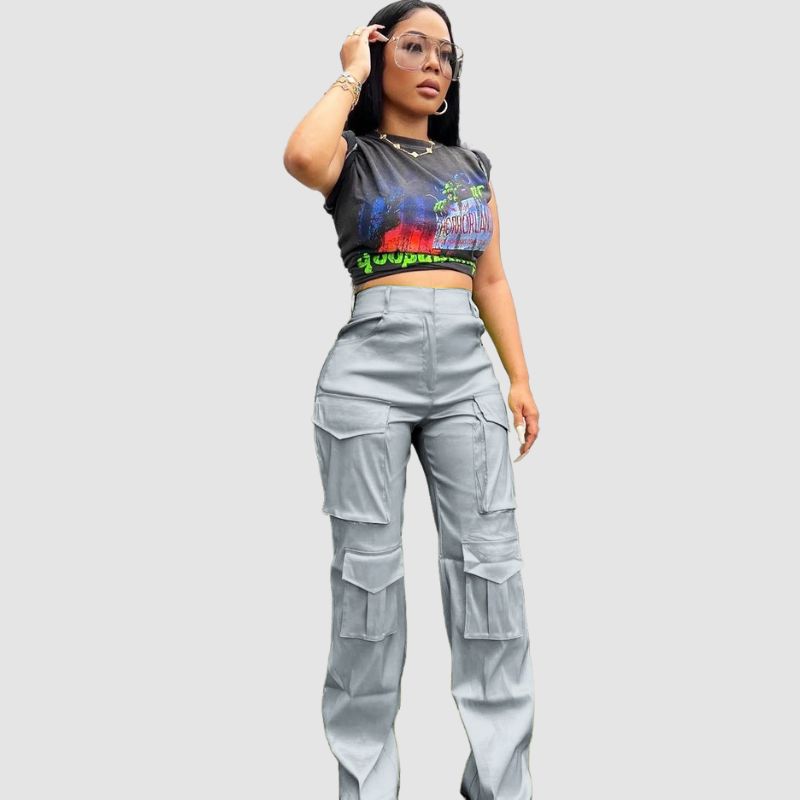 Solid Color Multi-Pocket High Waist Cargo Pants Black / L