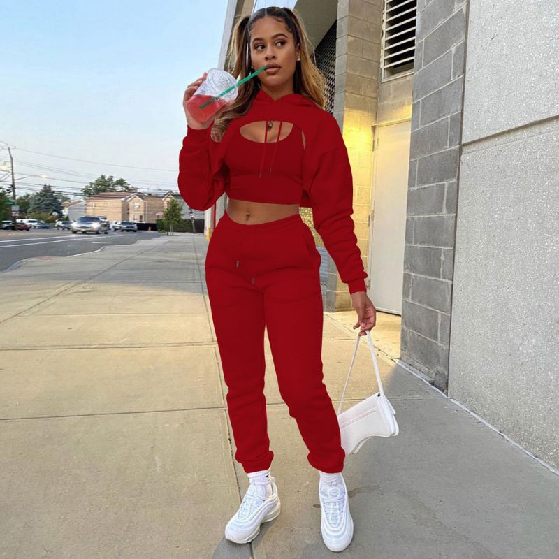 Hollow Out Hoodies & Drawstring Waist Pant Set Black / L