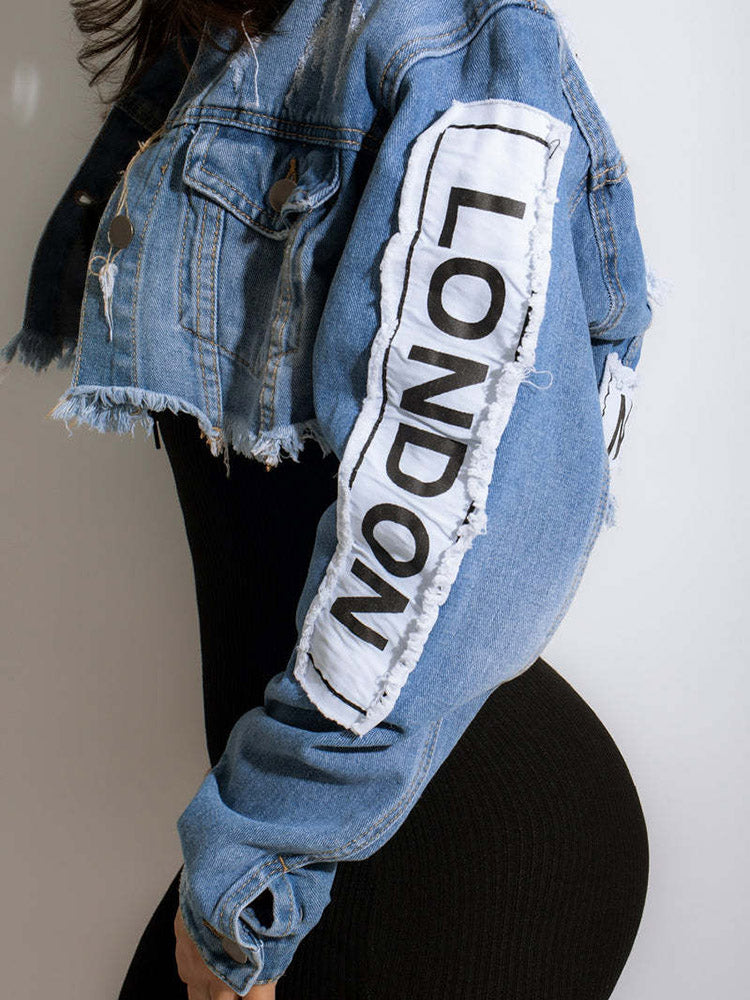 Letter Print Denim Jacket Blue / 2XL