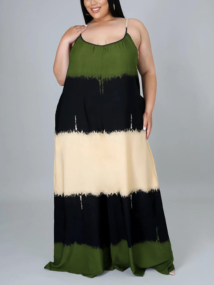 Colorblock Spaghetti Strap Maxi Dress Orange / 4XL