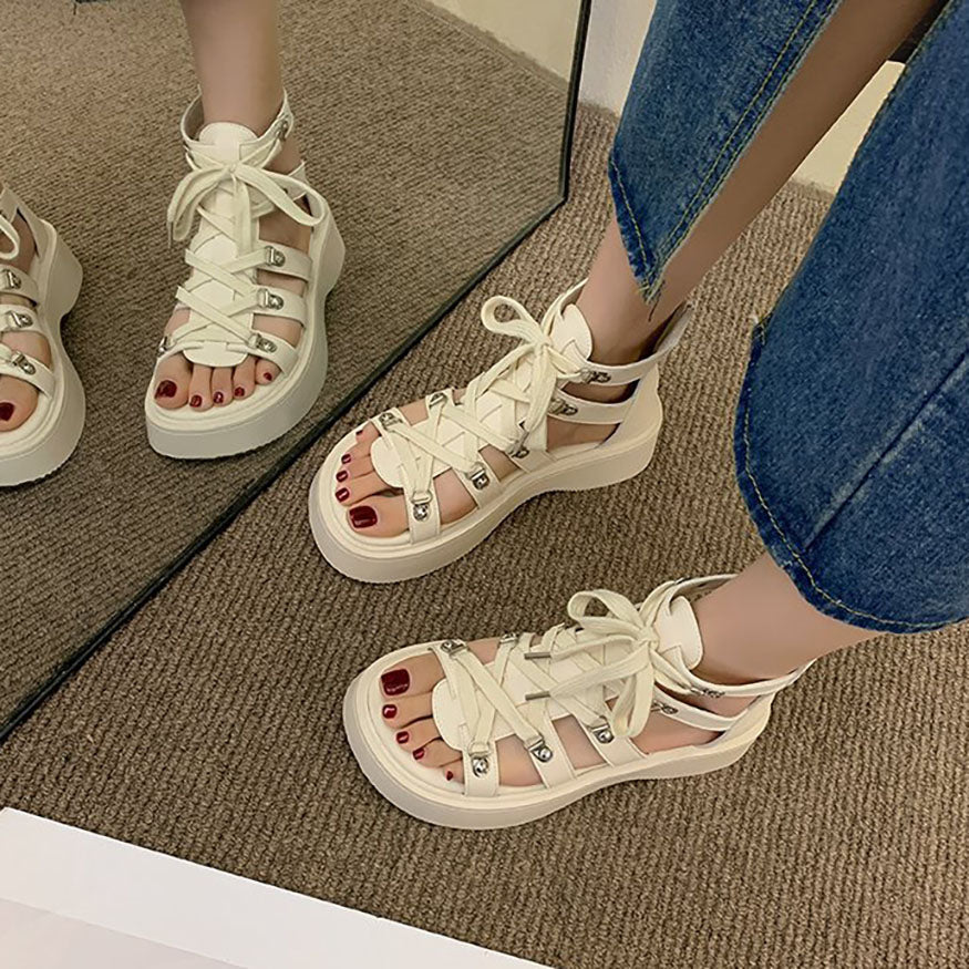 Thick-Sole Lace Up Roman Sandals Beige / EU:37:US Women's 6-6.5
