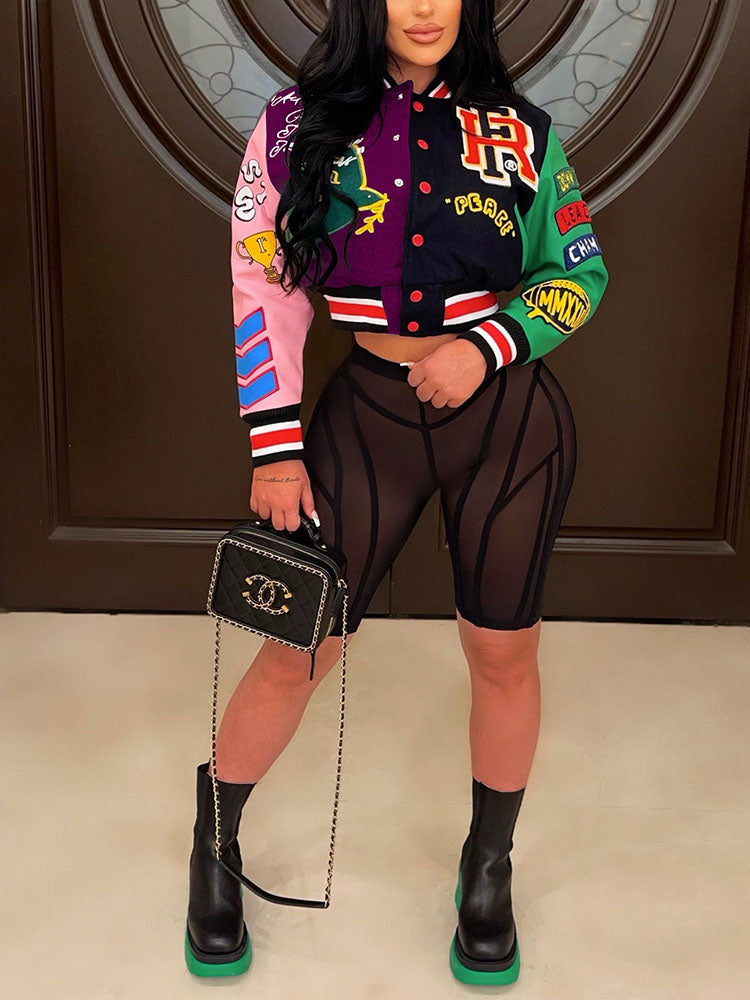 Bright Future Cropped Varsity Jacket Black Red / 3XL