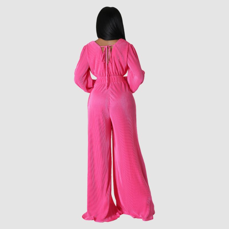 Pleated Long Sleeve Jumpsuits Blue / XL