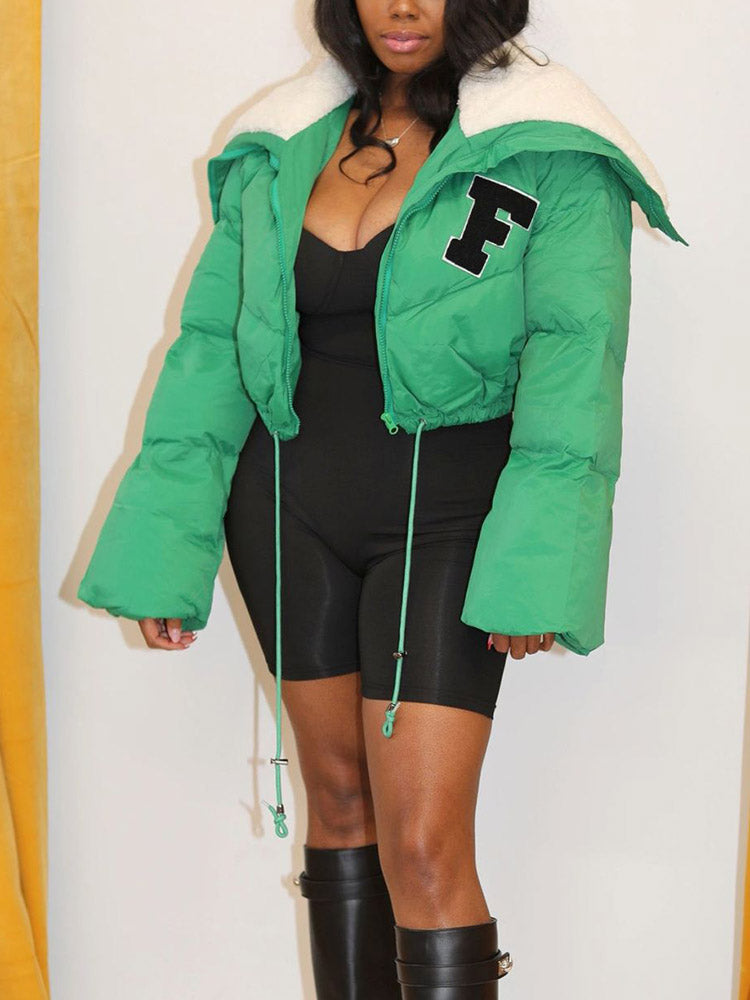 Letter Embroidery Puffer Jacket Green / S