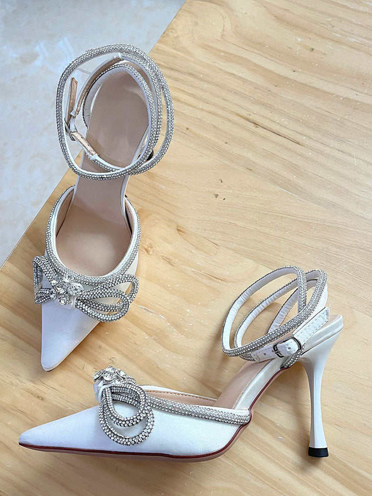 Rhinestone Bowknot Heel Pumps White / 8.5