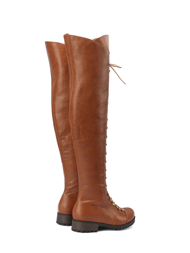 Lace Up Leather Over The Knee Boots Brown / 8.5