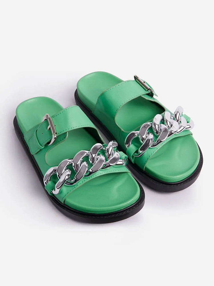 Chain Decor Double Buckles Sandals Green / 6.5/7