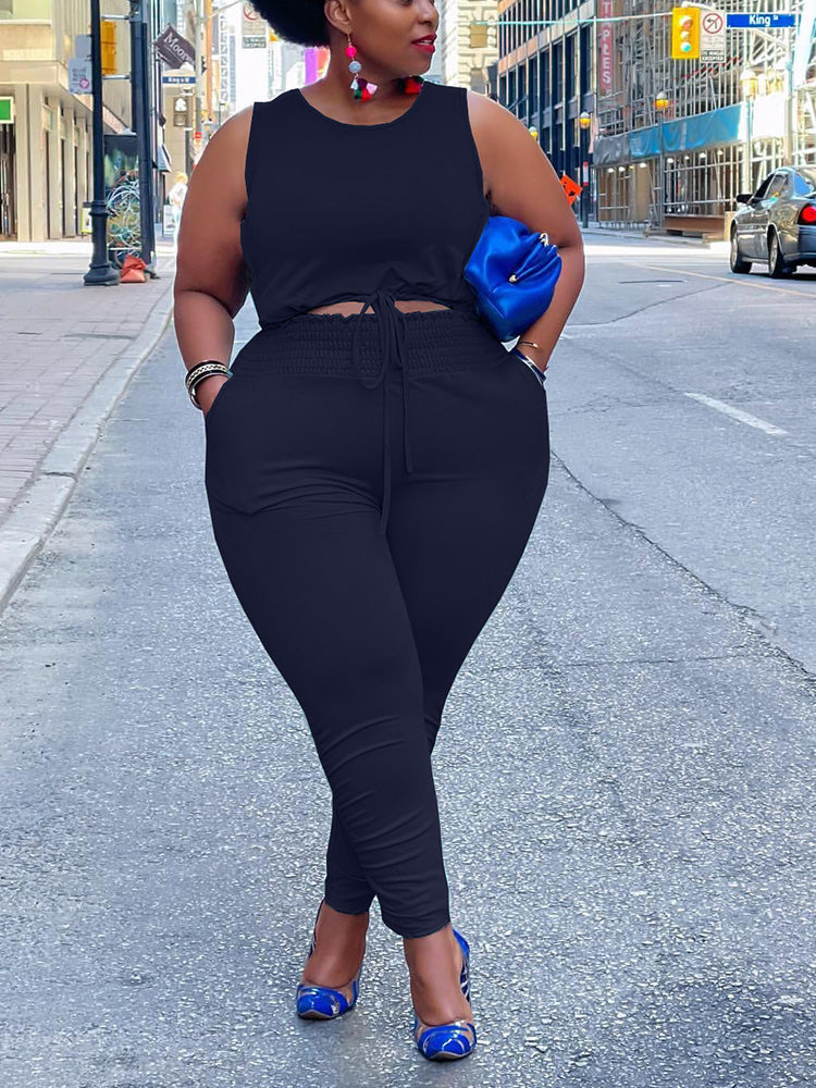 Sleeveless Top Pants Set Black / 3XL