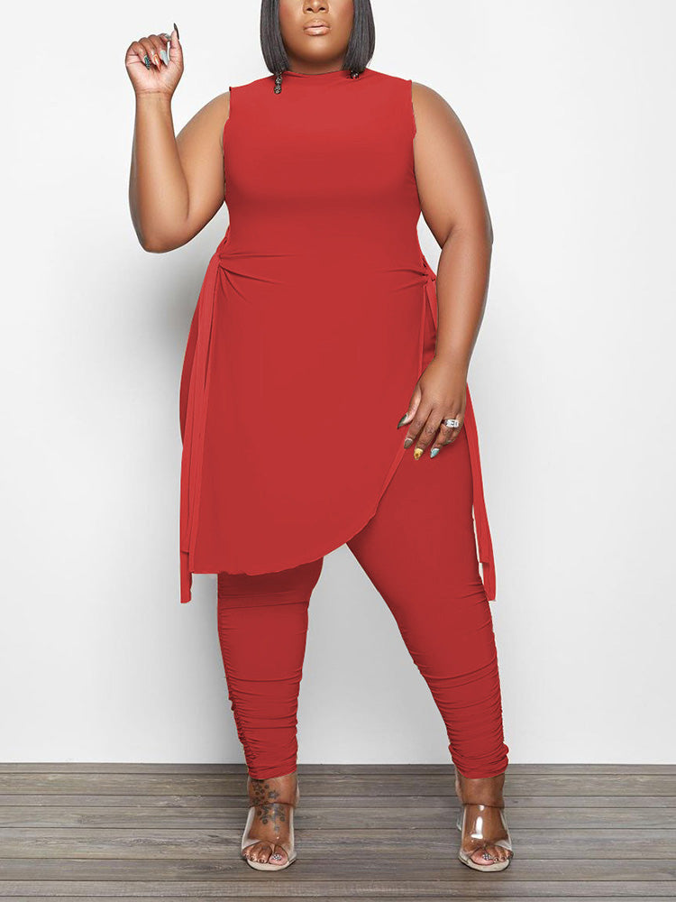 Asymmetrical Top Ruched Pants Set Bright Orange / 3XL