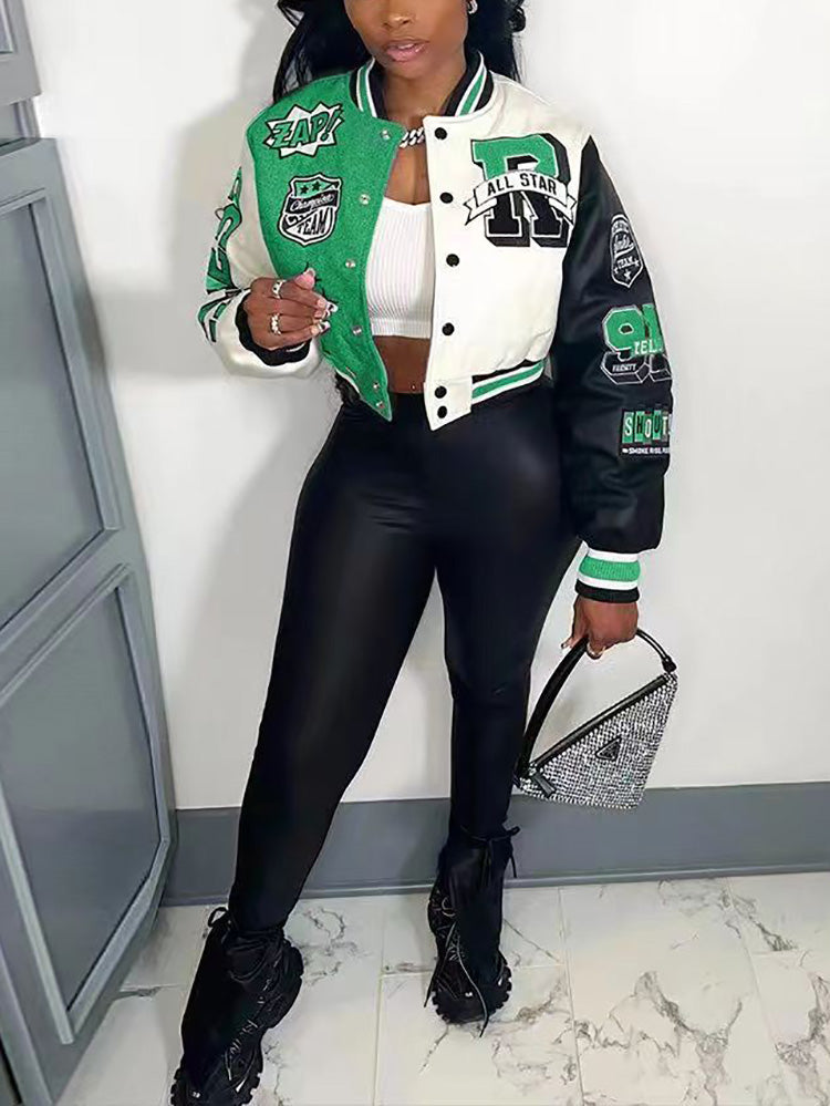 Letter Decor Color Block Jacket Black / M
