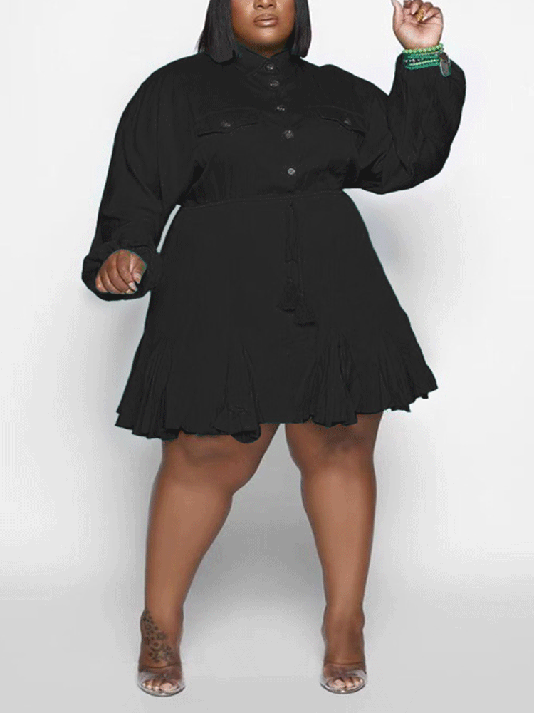 Turndown Collar Button Mini Dress Black / 2XL