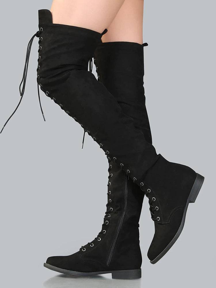 Lace Up Flat Suede Boots Black / 10