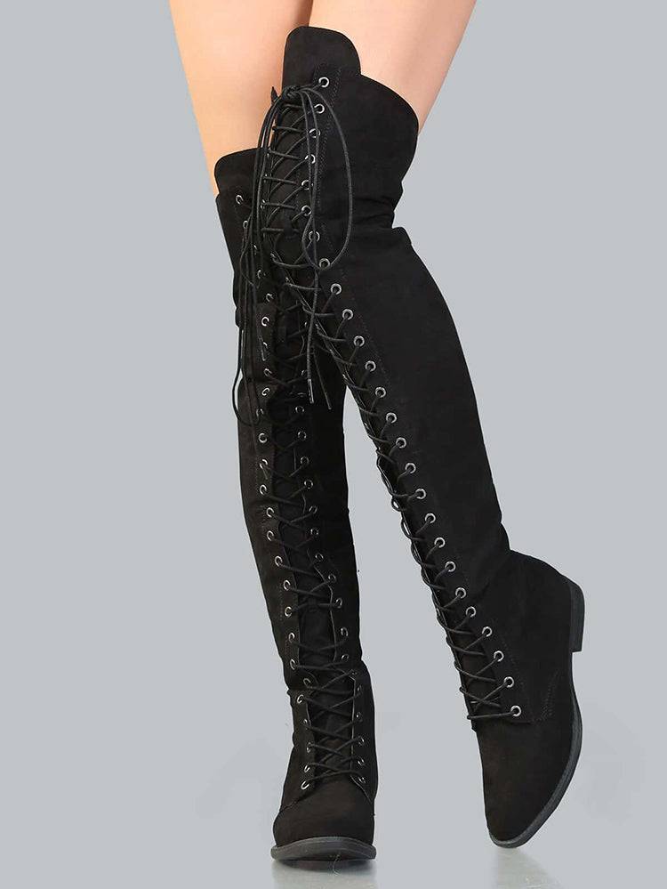 Lace Up Flat Suede Boots Black / 10.5/11