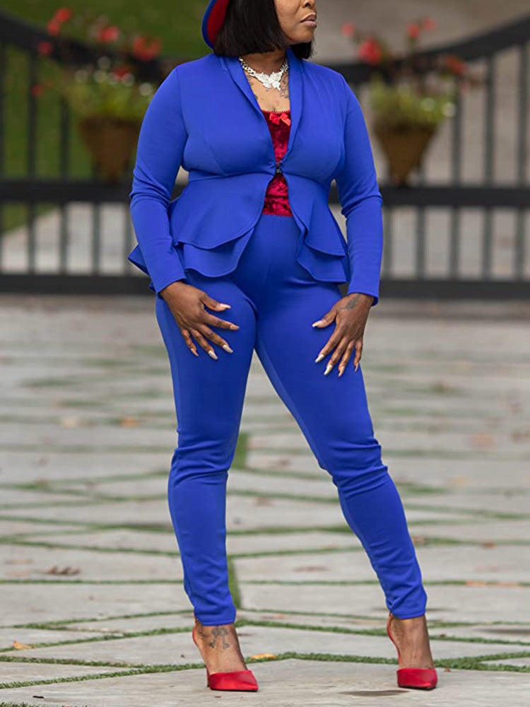 Solid Ruffle Blazer Pants Set Blue / L