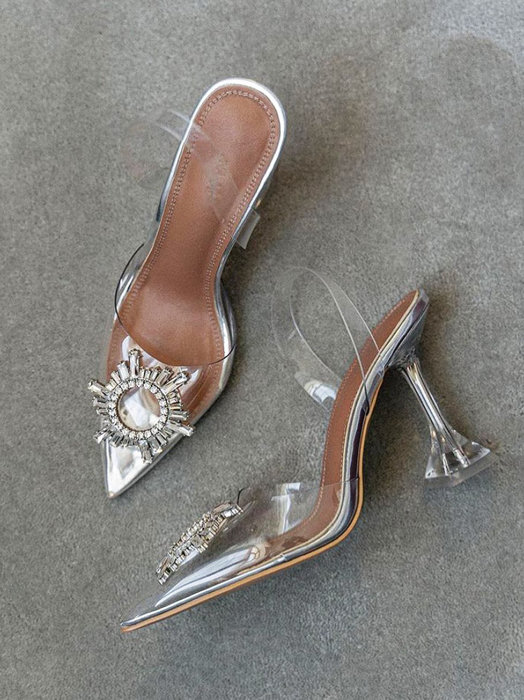 Rhinestone Pointed Toe Heel Sandals Silver / 6.5/7