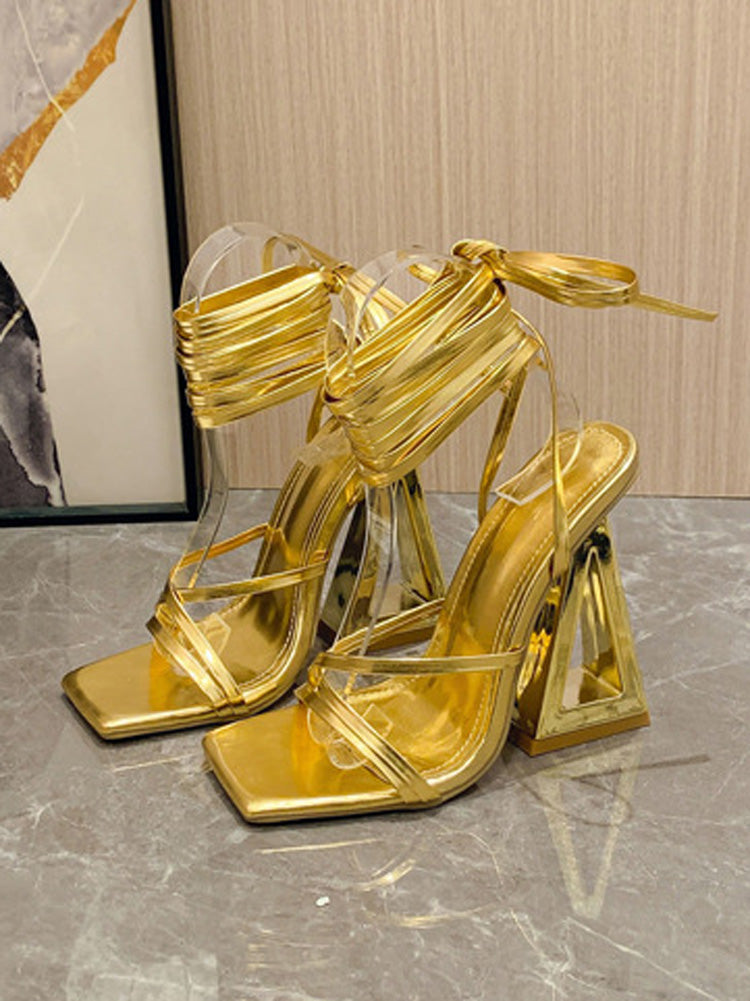Geo Heel Square Toe Sandals Gold / 8.5