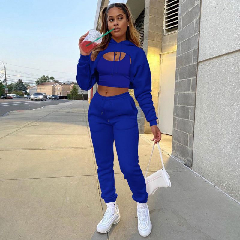 Hollow Out Hoodies & Drawstring Waist Pant Set Black / 2XL