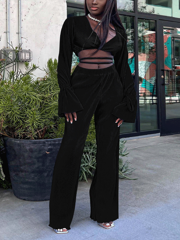 Flare Sleeve Crop Top & Wide Leg Pants Yellow / L