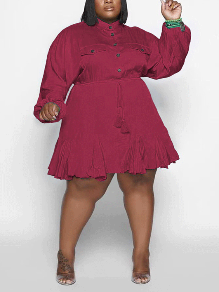 Turndown Collar Button Mini Dress Lake Blue / XL