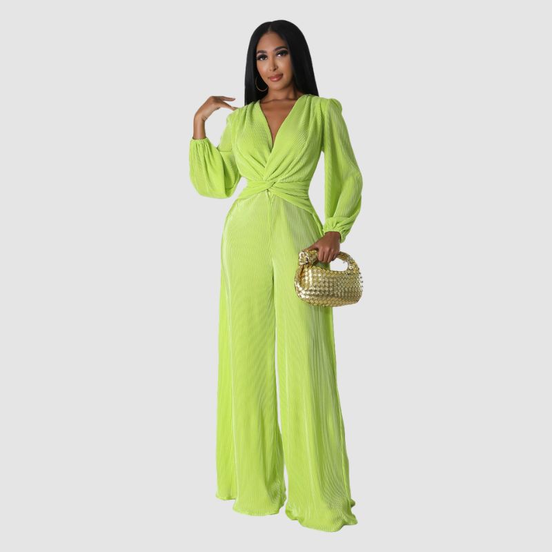 Pleated Long Sleeve Jumpsuits Blue / 2XL
