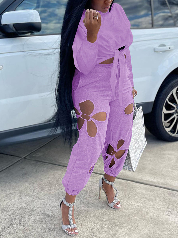 Tie Top Cutout Pants Set Purple / M