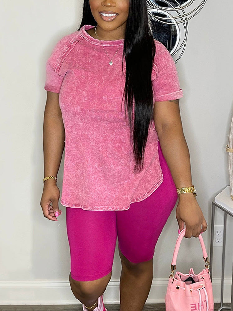 Slit Top Skinny Shorts Set Pink / M