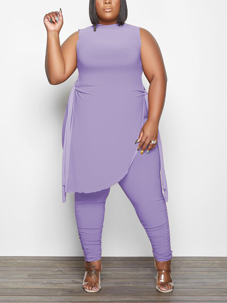 Asymmetrical Top Ruched Pants Set Black / 3XL