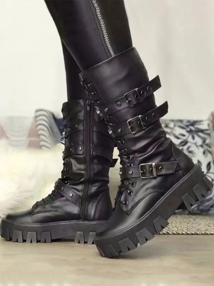 Eyelet Buckled Zipper Platform Boots White / 10