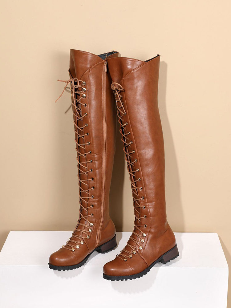 Lace Up Leather Over The Knee Boots Brown / 6.5/7