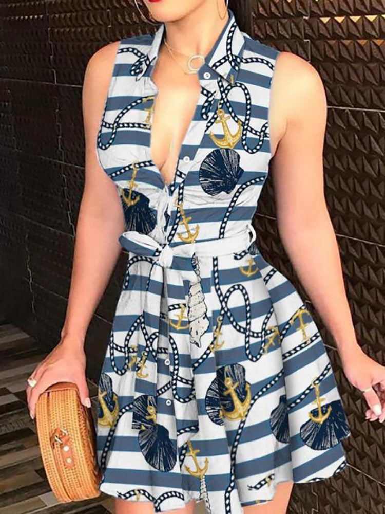 Printed V Neck Belt Dress Black Yellow / 2XL