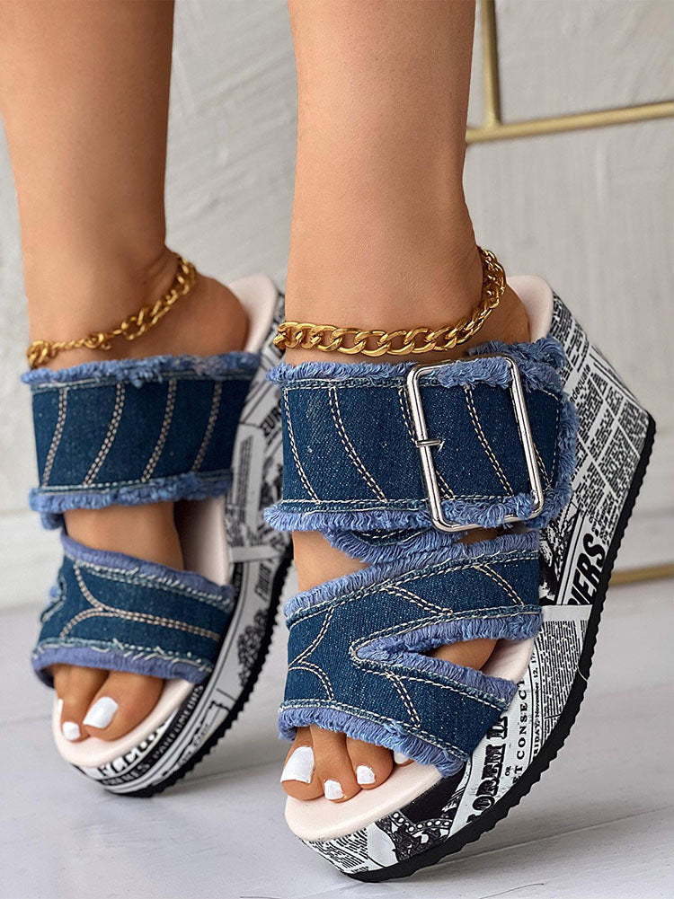 Denim Wedge Sandals Light Blue / 9/9.5