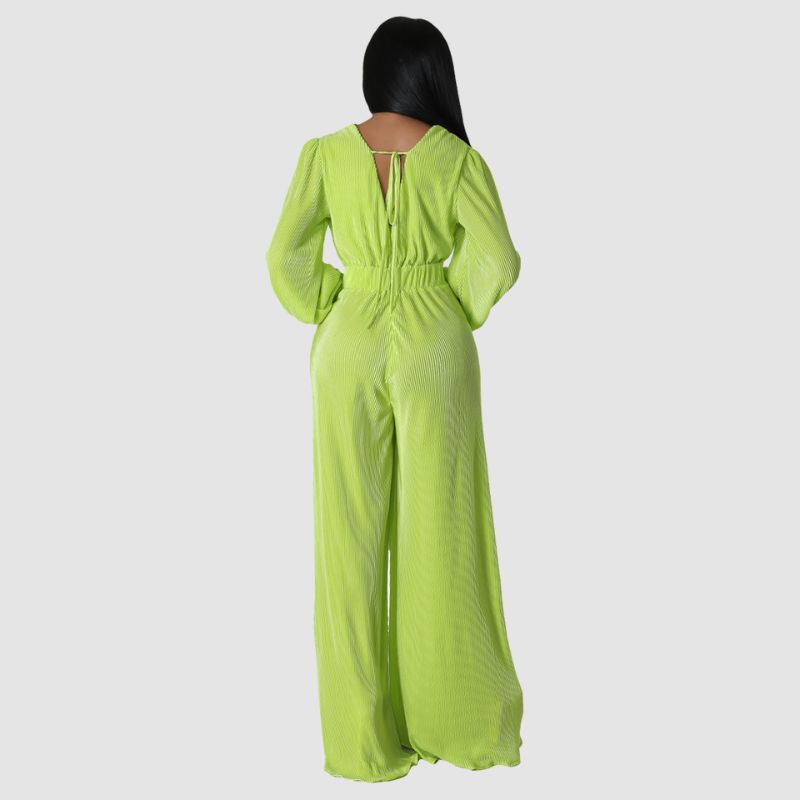 Pleated Long Sleeve Jumpsuits Green / S