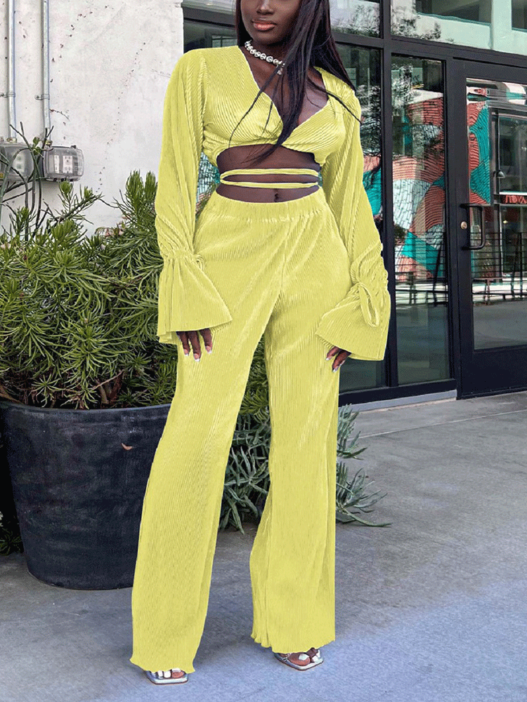 Flare Sleeve Crop Top & Wide Leg Pants Pink / XL