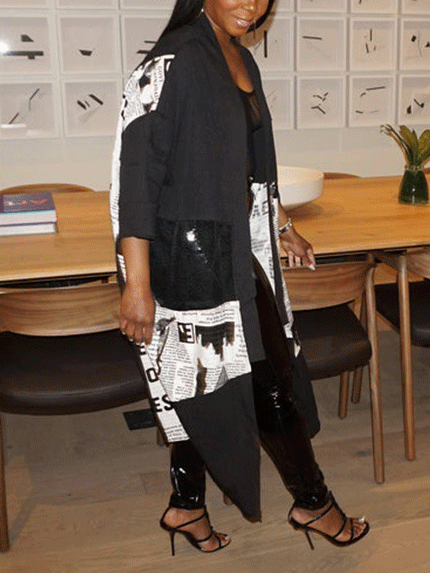 Mesh Newspaper Patchwork Loose Coat Black / 5XL